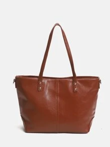 針腳細節單肩托特包 - 棕色 - 查看 1