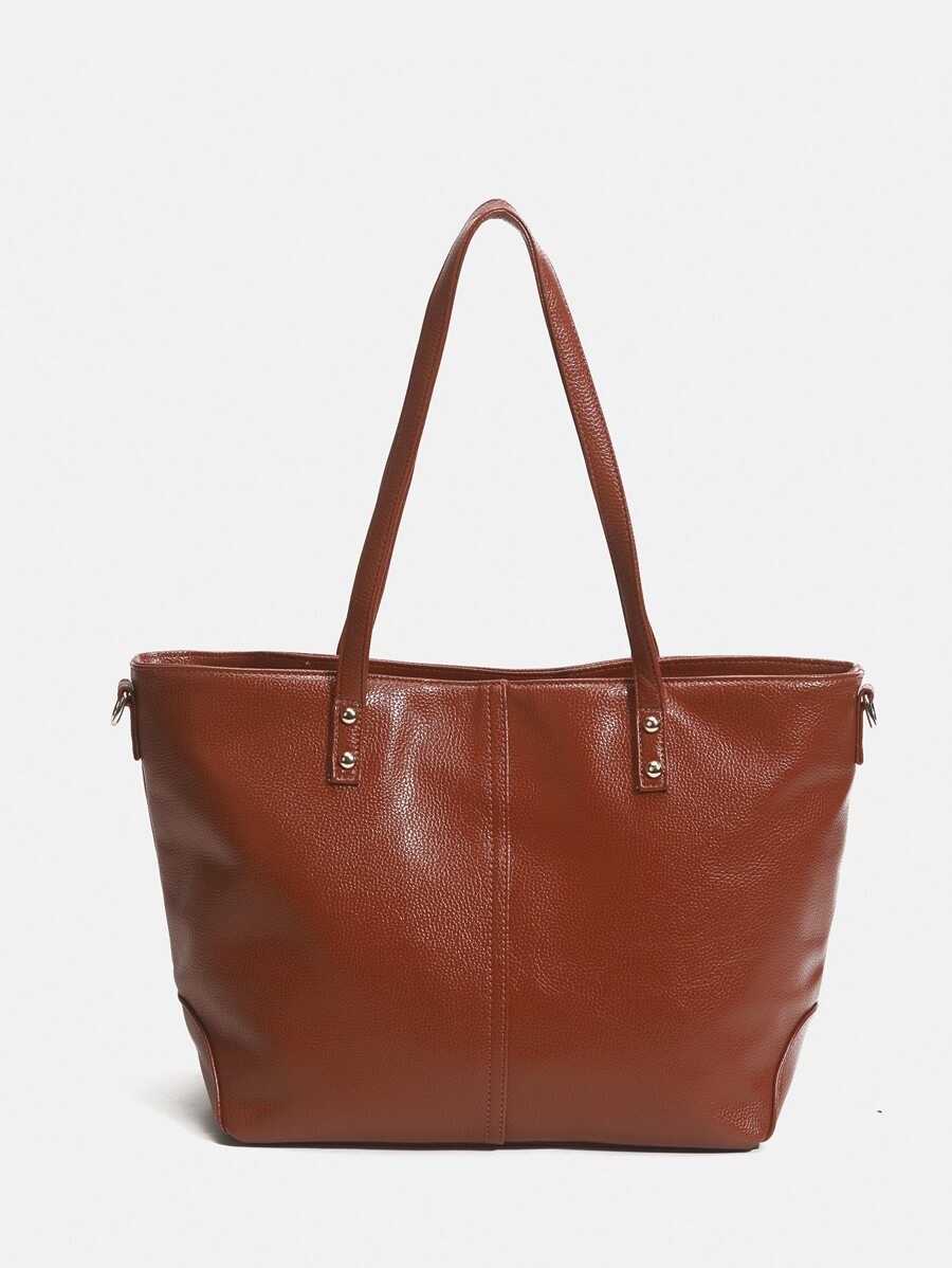 針腳細節單肩托特包 - 棕色 - 查看 1