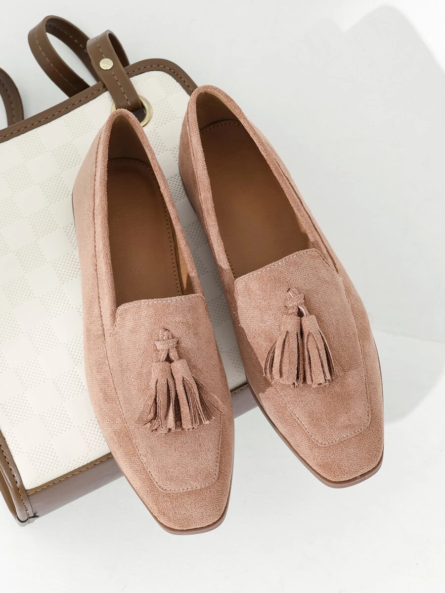 Faux Suede Tassel Decor Square Toe Flat Loafers - Apricot - View 1