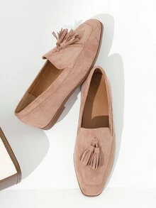 Faux Suede Tassel Decor Square Toe Flat Loafers - Apricot - View 3