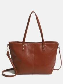 針腳細節單肩托特包 - 棕色 - 查看 6