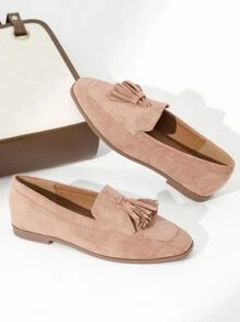 Faux Suede Tassel Decor Square Toe Flat Loafers - Apricot - View 5