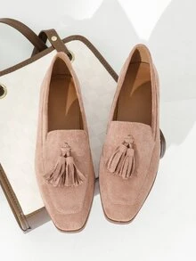 Faux Suede Tassel Decor Square Toe Flat Loafers - Apricot - View 6