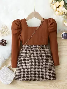 Set de 2 piezas para niña joven con blusa de punto de cuello cuadrado y manga gigot, y falda mini de tejido de cuadros