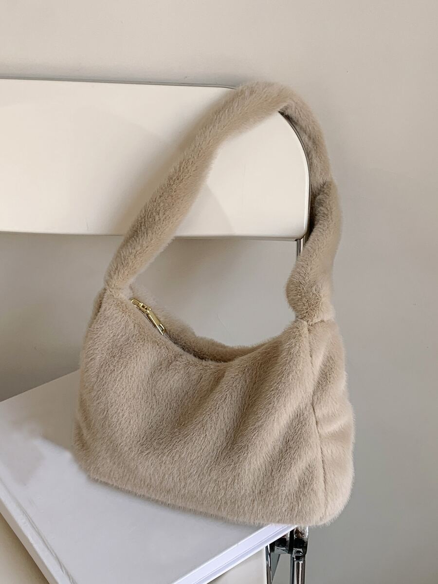 Minimalist Fluffy Hobo Bag - Khaki - View 1