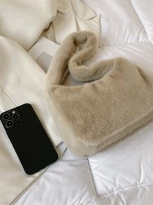 Minimalist Fluffy Hobo Bag - Khaki - View 5