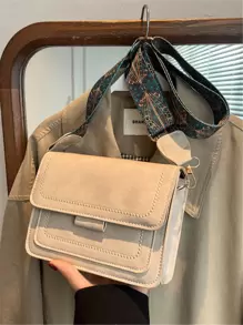 Bolso cuadrado con solapa y detalle de bordado, Mini bolso cruzado Vintage, bolso de hombro con correa geométrica, bolso con solapa de piel sintética para mujer