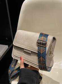 Bolso cuadrado con solapa y detalle de bordado, Mini bolso cruzado Vintage, bolso de hombro con correa geométrica, bolso con solapa de piel sintética para mujer