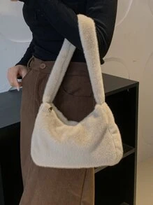 Minimalist Fluffy Hobo Bag - Khaki - View 6