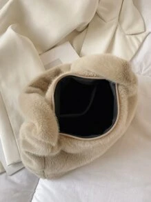 Minimalist Fluffy Hobo Bag - Khaki - View 7