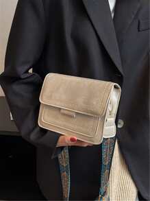 Bolso cuadrado con solapa y detalle de bordado, Mini bolso cruzado Vintage, bolso de hombro con correa geométrica, bolso con solapa de piel sintética para mujer