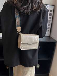 Bolso cuadrado con solapa y detalle de bordado, Mini bolso cruzado Vintage, bolso de hombro con correa geométrica, bolso con solapa de piel sintética para mujer