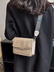 Bolso cuadrado con solapa y detalle de bordado, Mini bolso cruzado Vintage, bolso de hombro con correa geométrica, bolso con solapa de piel sintética para mujer