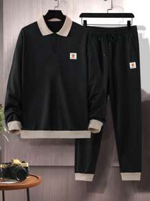 Manfinity Men Patch Detail Contrast Trim Polo Neck Sweatshirt & Joggers - Black - View 3