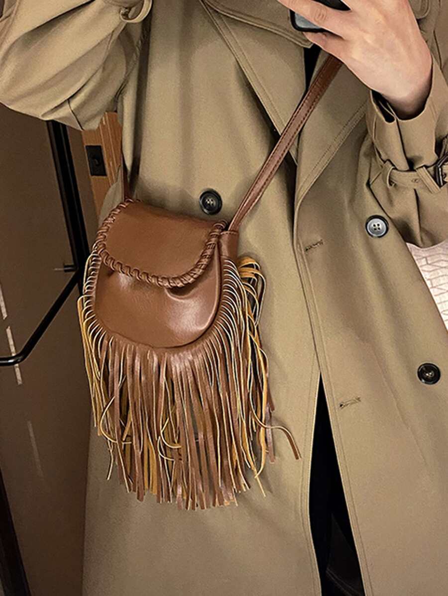 Mini Fringe Decor Flap Saddle Bag - Brown - View 1
