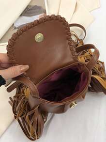 Mini Fringe Decor Flap Saddle Bag - Brown - View 3