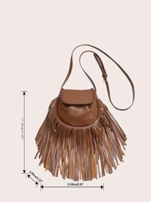 Mini Fringe Decor Flap Saddle Bag - Brown - View 4