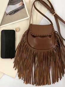 Mini Fringe Decor Flap Saddle Bag - Brown - View 5