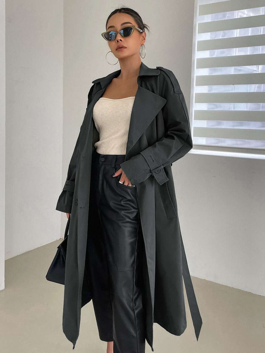 DAZY Raglan Sleeve Epaulettes Design Belted Trench Coat,Fall Clothes Women Jacket - Dusty Blue - View 1