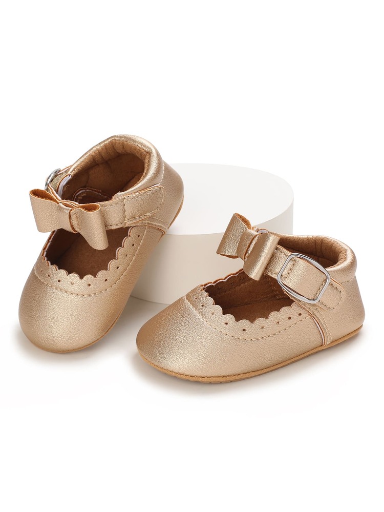 Bebé Zapatillas con tira tobillera de color metálico con diseño de lazo - Champán - Añade 1