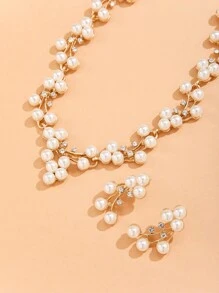 假珍珠裝飾項鍊和耳環 - 金黃色 - 查看 2