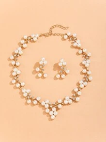 假珍珠裝飾項鍊和耳環 - 金黃色 - 查看 4