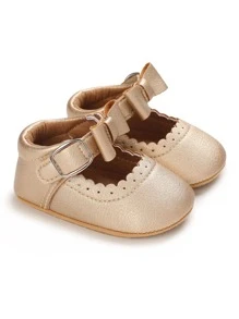 Baby Metallic Bow Decor Ankle Strap Flats - Champagne - View 4