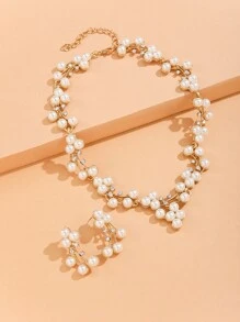 假珍珠裝飾項鍊和耳環 - 金黃色 - 查看 5