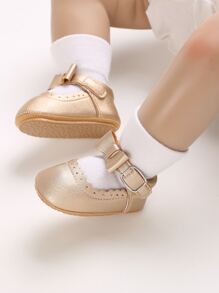Baby Metallic Bow Decor Ankle Strap Flats - Champagne - View 5