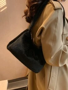 Fuzzy, Soft, Plush Minimalist Fluffy Hobo Bag For Girls, Women, College Students, Rookies & White-collar Workers For Work, Office, Commute, For Autumn & Winter, Warm Winter, Outdoors - Black - View 1