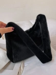 Fuzzy, Soft, Plush Minimalist Fluffy Hobo Bag For Girls, Women, College Students, Rookies & White-collar Workers For Work, Office, Commute, For Autumn & Winter, Warm Winter, Outdoors - Black - View 2