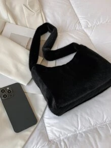 Fuzzy, Soft, Plush Minimalist Fluffy Hobo Bag For Girls, Women, College Students, Rookies & White-collar Workers For Work, Office, Commute, For Autumn & Winter, Warm Winter, Outdoors - Black - View 4
