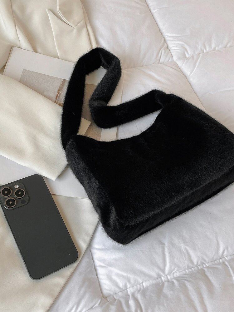 毛絨、柔軟、毛絨簡約蓬鬆流浪漢包適合女孩、女士、大學生、菜鳥和白領上班、辦公室、通勤、秋冬、暖冬、戶外 - 黑色 - 查看 4