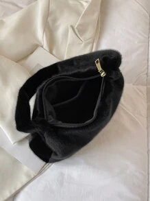 Fuzzy, Soft, Plush Minimalist Fluffy Hobo Bag For Girls, Women, College Students, Rookies & White-collar Workers For Work, Office, Commute, For Autumn & Winter, Warm Winter, Outdoors - Black - View 5