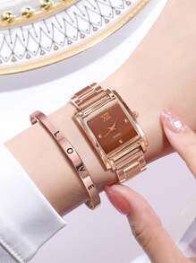 1 đồng hồ thạch anh trang trí rhinestone và 1 vòng tay - Hoa hồng vàng - Xem 1