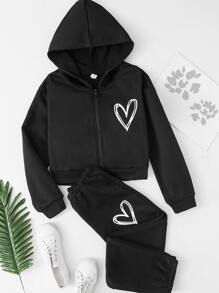 Girls Heart Print Zip Up Hoodie & Joggers - Black - View 1