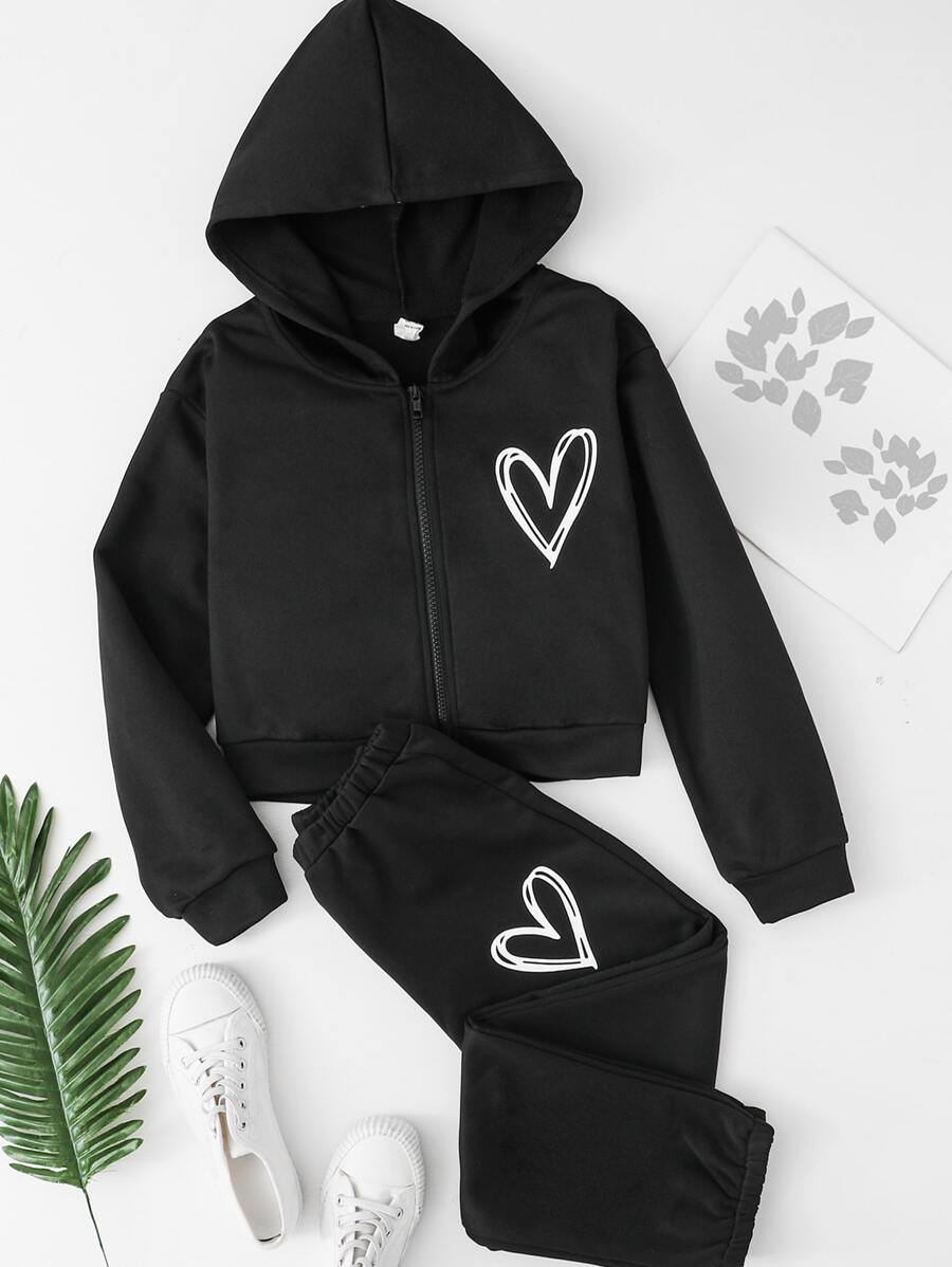 Girls Heart Print Zip Up Hoodie & Joggers - Black - View 1