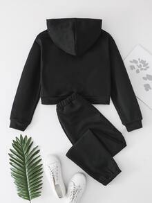 Girls Heart Print Zip Up Hoodie & Joggers - Black - View 2