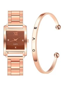 1 đồng hồ thạch anh trang trí rhinestone và 1 vòng tay - Hoa hồng vàng - Xem 2