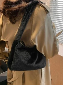 Fuzzy, Soft, Plush Minimalist Fluffy Hobo Bag For Girls, Women, College Students, Rookies & White-collar Workers For Work, Office, Commute, For Autumn & Winter, Warm Winter, Outdoors - Black - View 6