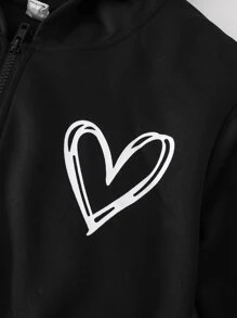 Girls Heart Print Zip Up Hoodie & Joggers - Black - View 3