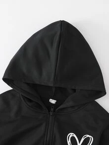 Girls Heart Print Zip Up Hoodie & Joggers - Black - View 4