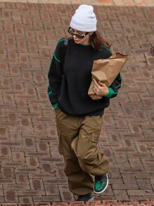 SHEIN Contrast Binding Drop Shoulder Jumper - Black - View 12