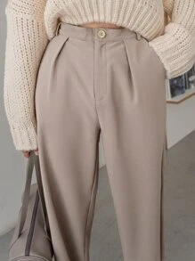 DAZY Solid Plicated Detail Suit Trousers - Khaki - View 4