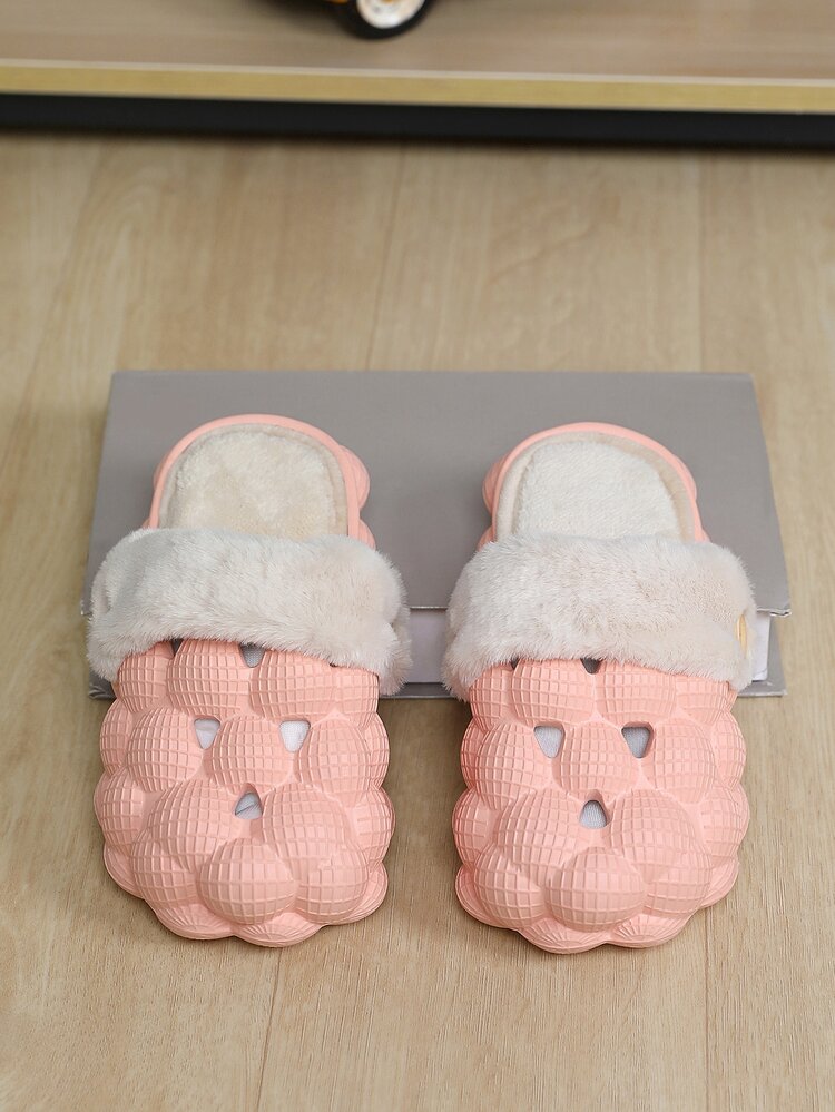 女孩紐扣裝飾毛絨內襯洞洞鞋 - 粉色 - 查看 2