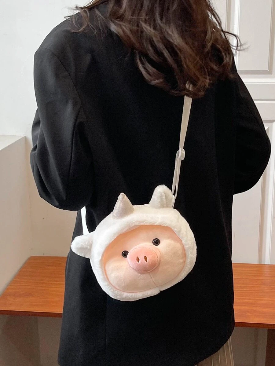 Mini Pig Design Fluffy Novelty Bag - White - View 1