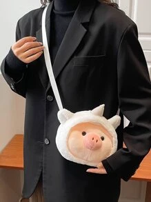 Mini Pig Design Fluffy Novelty Bag - White - View 2