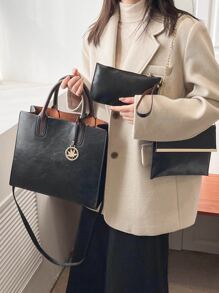 3pcs Minimalist Tote Bag Set, Best Work Bag For Women - Black - View 1