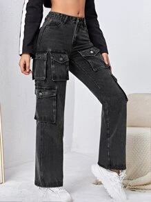Flap Pocket Cargo Jeans - Black - View 4