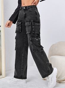 Flap Pocket Cargo Jeans - Black - View 5